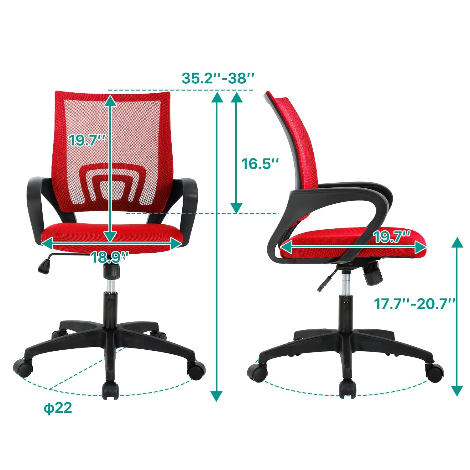 Office Chair Ergonomic Desk Chair Mesh Adjustable Computer Chair Comfortable Adjustable Height Executive Task Chair with Wheel Armrests for Adults Kids, Red