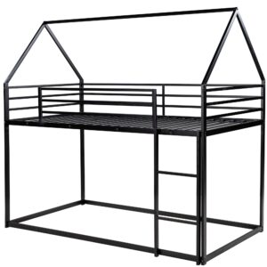 Harper & Bright Designs Twin Over Twin House Bunk Bed with Built-in Ladder, Metal Low Bunk Bed for Kids Girls Boys - Black