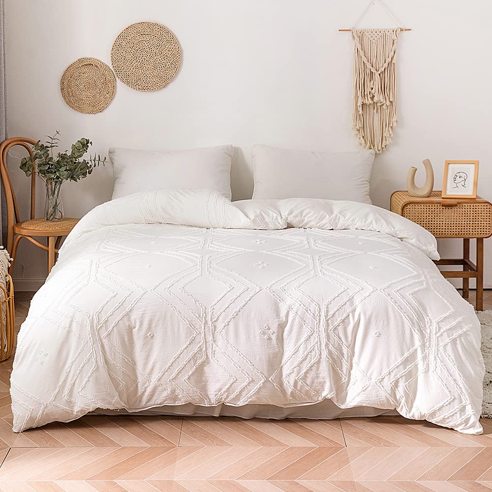 Slumber Dream White Duvet Cover Tufted Queen Size Bedding Cover Sets 2 Pieces Women White Tufted Boho Comforter Cover Set Soft and Embroidery Shabby Chic Tufts Bedding Cover Sets for All Seasons