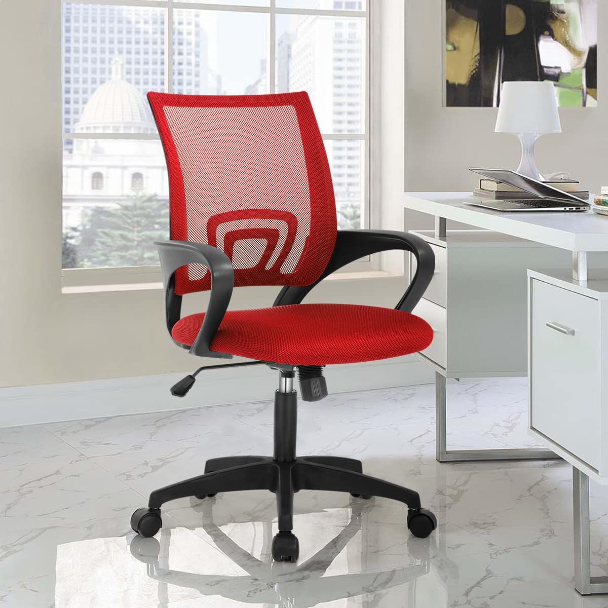 Office Chair Ergonomic Desk Chair Mesh Adjustable Computer Chair Comfortable Adjustable Height Executive Task Chair with Wheel Armrests for Adults Kids, Red