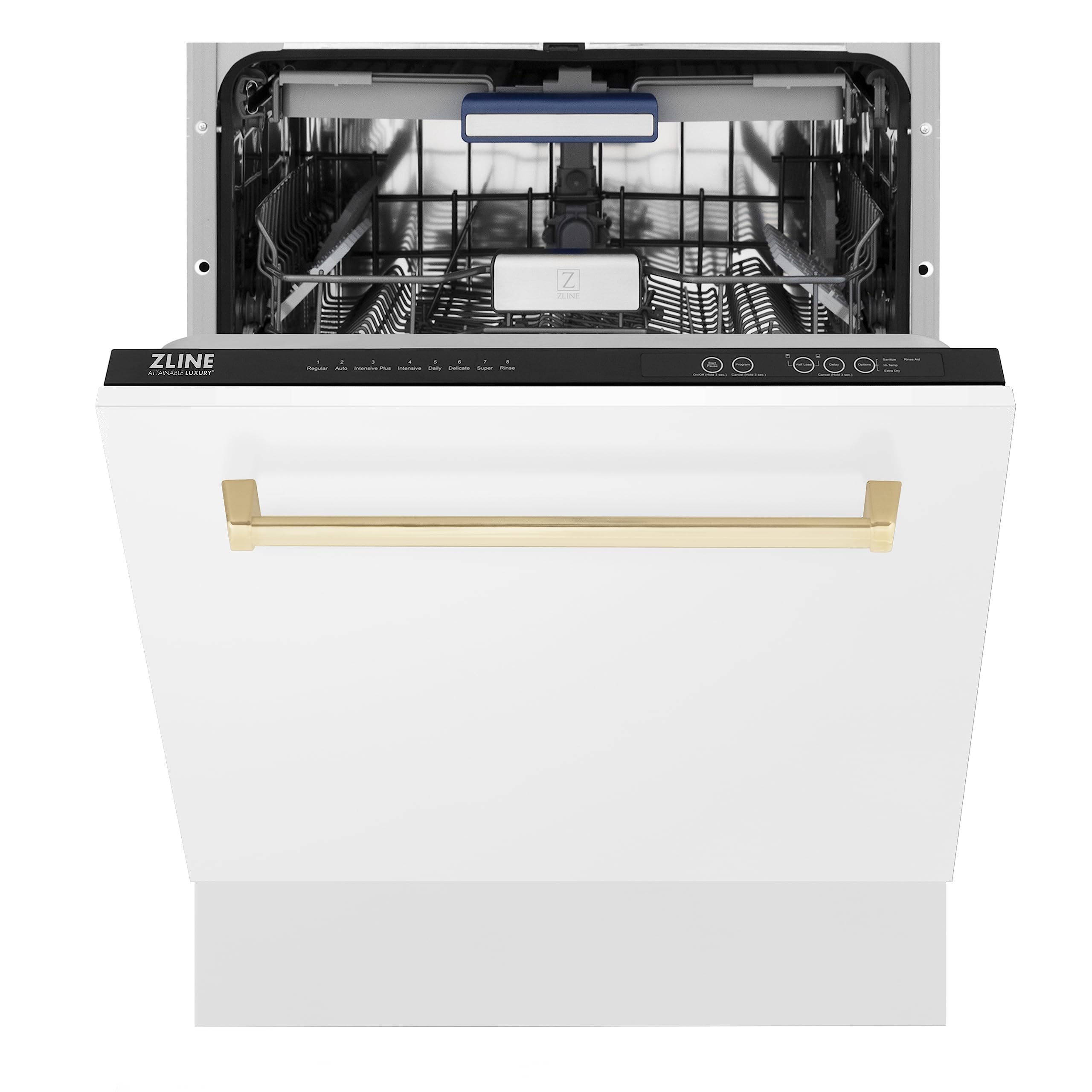 ZLINE Autograph Edition 24" 3rd Rack Top Control Tall Tub Dishwasher in White Matte with Gold Handle, 51dBa (DWVZ-WM-24-G)