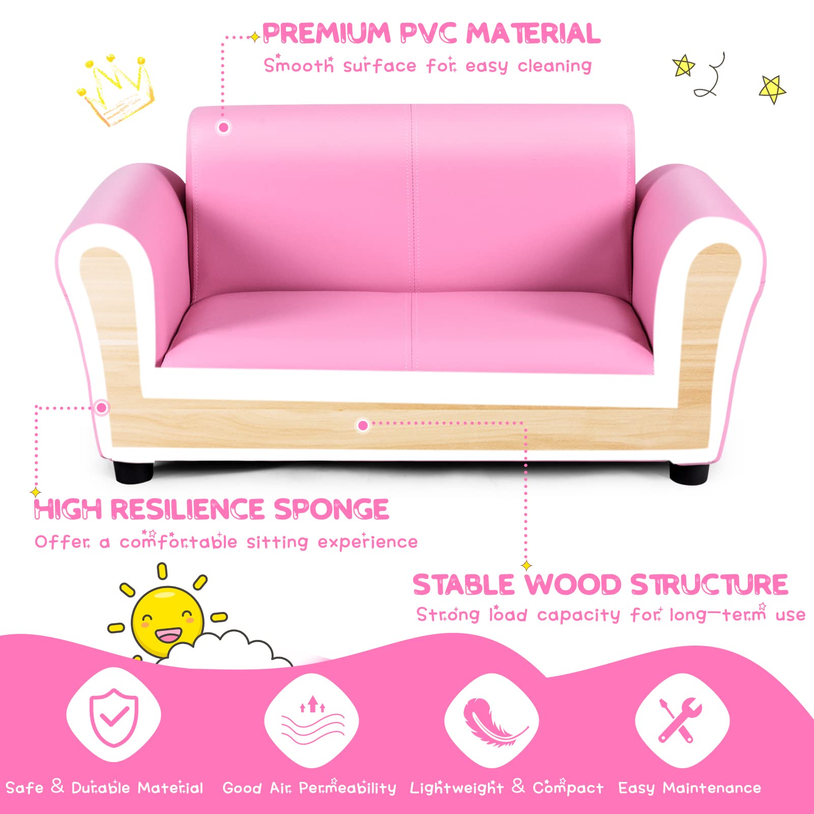 INFANS 2 Seat Children Sofa, Upholstered Couch with Footstool Sturdy Wood Construction, Armrest Couch for Preschool Children Boys Girls, Kid Couch Lounge Bed with Ottoman (Pink)