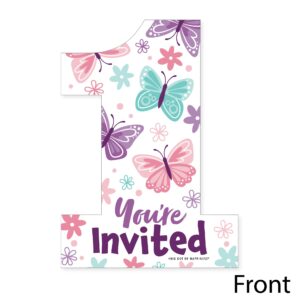 Big Dot of Happiness 1st Birthday Beautiful Butterfly - Shaped Fill-In Invitations - Floral First Birthday Party Invitation Cards with Envelopes - Set of 12