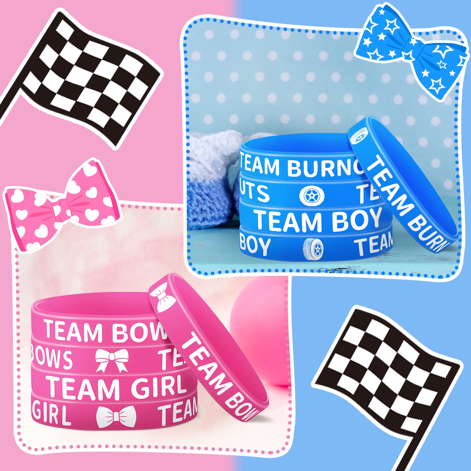 48 Pcs Burnouts or Bows Gender Reveal Silicone Wristbands Team Boy Team Girl Bracelets Gender Reveal Bracelets for Baby Shower Gender Reveal Party Favors, Blue and Pink