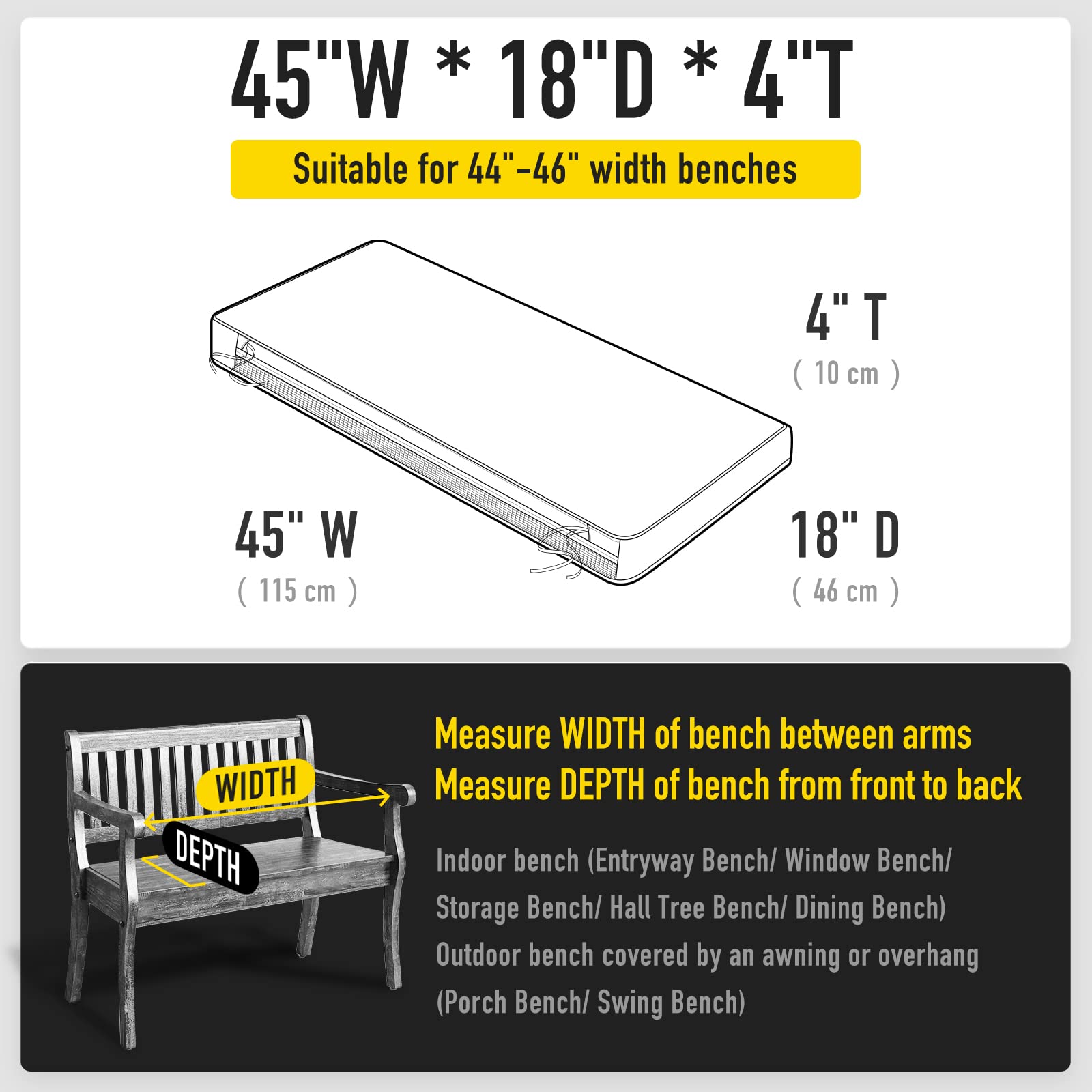 SUNROX DryFast Foam Outdoor Bench Cushion with DryMesh Drainage, All-Weather FadeShield Water Resistant Patio Furniture Cushions, Ultra Durable Low Maintenance Bench Seat Pads 45"x18" Cream