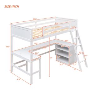 Loft Bed with Desk Twin Size Beds with Storage Shelves Bookcase Wood High Loft Bed Frame for Dorm, Kids Boys Girls Teens, White