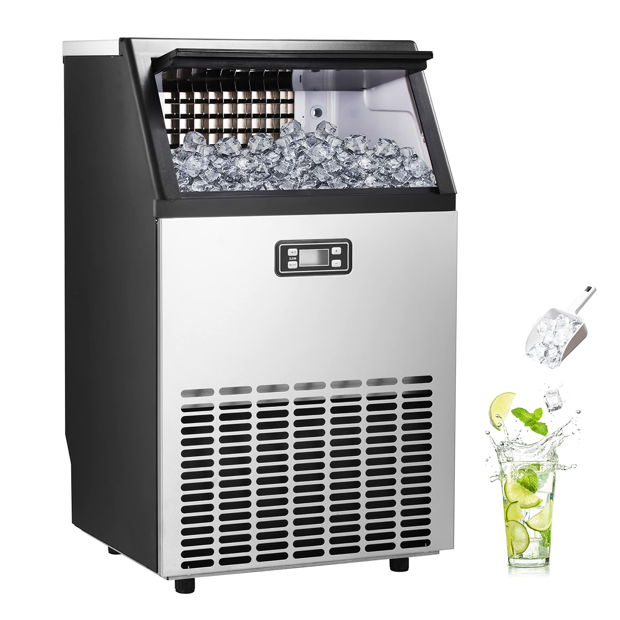 Electactic Ice Maker, Commercial Ice Machine,100Lbs/Day, Stainless Steel Ice Machine with 48 Lbs Capacity, Ideal for Restaurant, Bars, Home and Offices, Includes Scoop Silver