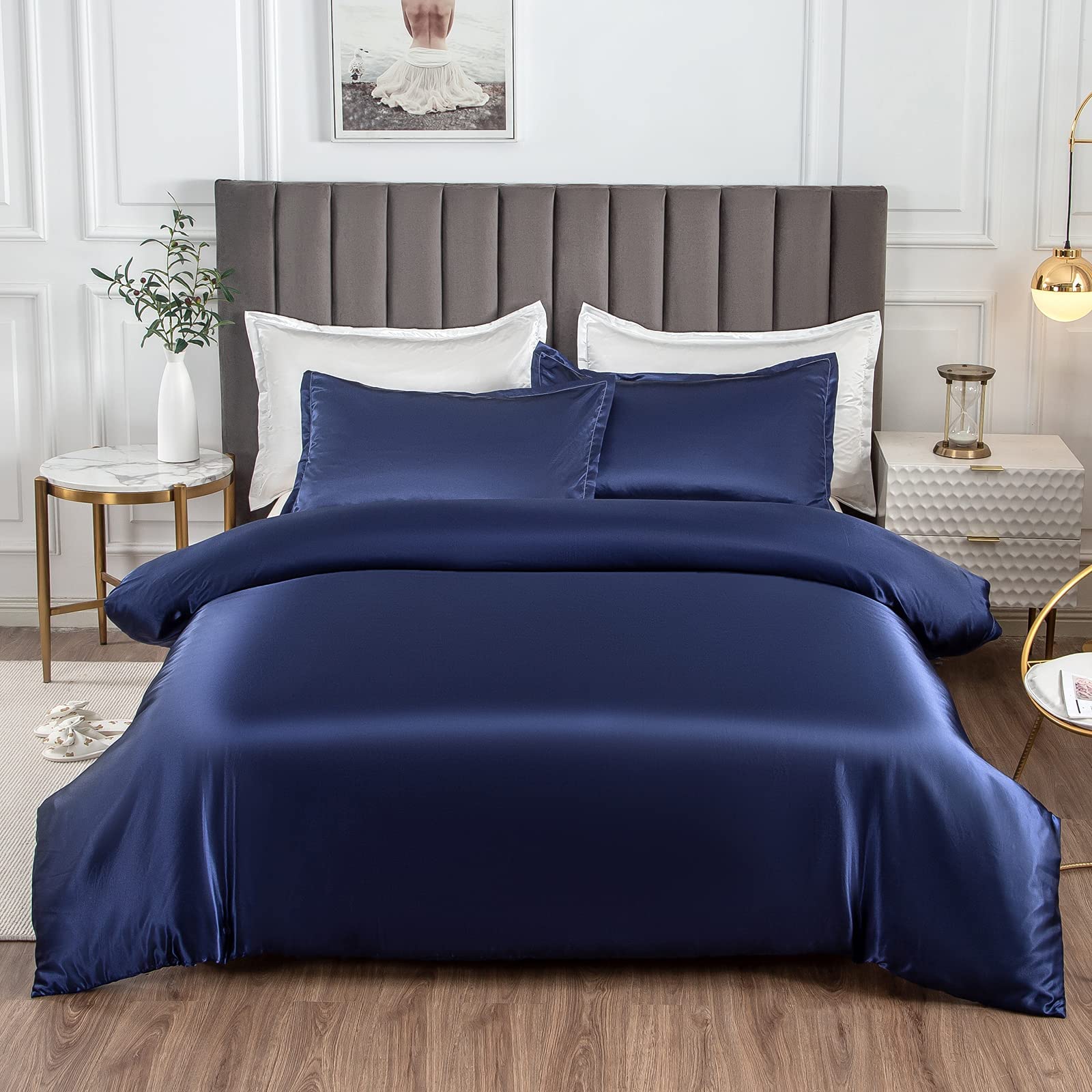 Navy Blue Queen Satin Duvet Cover Set (1 Comforter Cover + 2 Pillow Shams) All Season Soft Silky Bedding 3 Piece Set with Zipper Closure