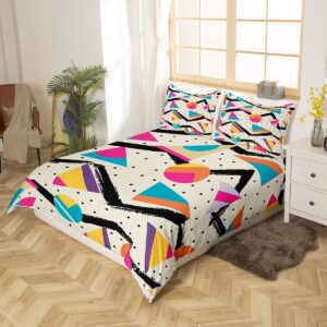 80s 90S Fashion Style Bedding Set Queen Size,Retro Memphis Style Pattern with Geometrical Shapes Duvet Cover for Kids Child,Funky Hipster Old Fashioned Comforter Cover Geometric Bedroom Decor