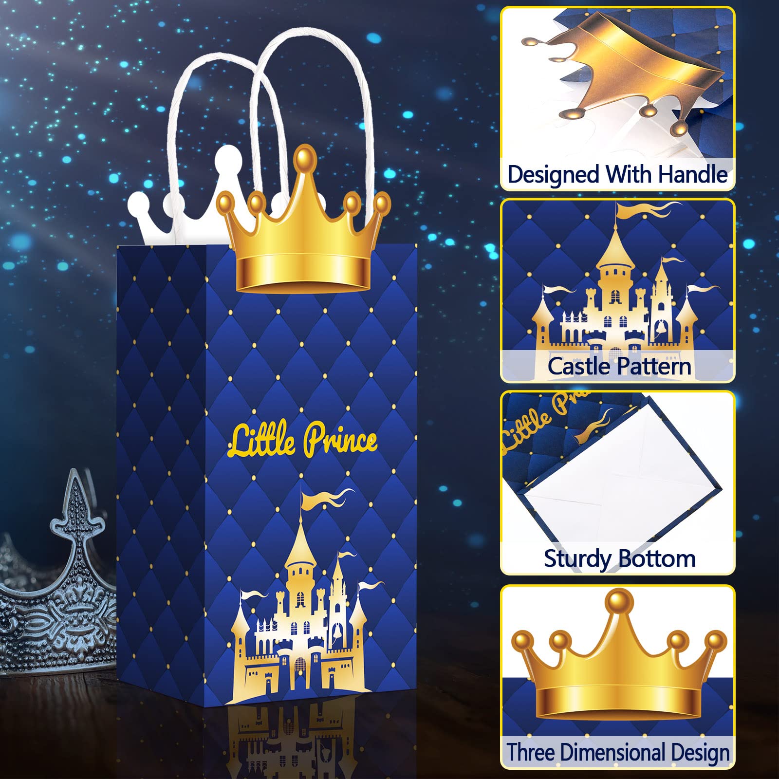 16 Pack Prince Party Favors Bags Prince Theme Charming Party Bags Glitter Crown Party Bag Treat Goody Gift Paper Kraft Wrap Bags with Handle for Prince Theme Birthday Baby Shower Party Favor Supplies