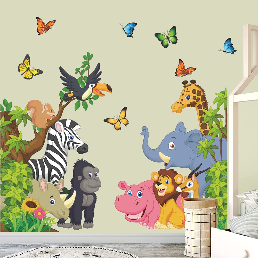 Supzone Cartoon Animal Wall Decal Jungle Animals Wall Stickers Elephant Lion Zebra Butterfly Wall Decor for Kids Baby DIY Vinyl Mural Art for Nursery Bedroom Living Room Playroom