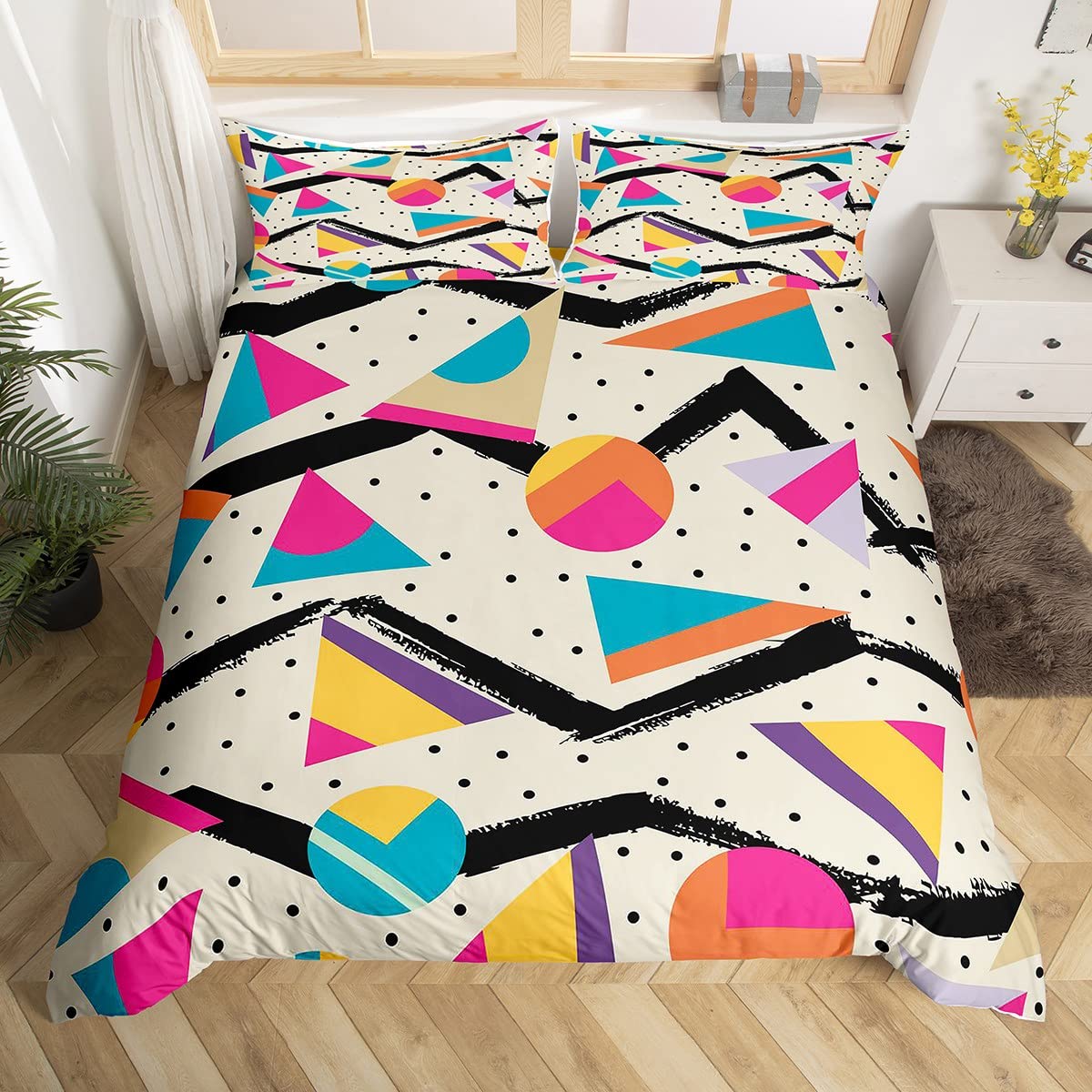 80s 90S Fashion Style Bedding Set Queen Size,Retro Memphis Style Pattern with Geometrical Shapes Duvet Cover for Kids Child,Funky Hipster Old Fashioned Comforter Cover Geometric Bedroom Decor