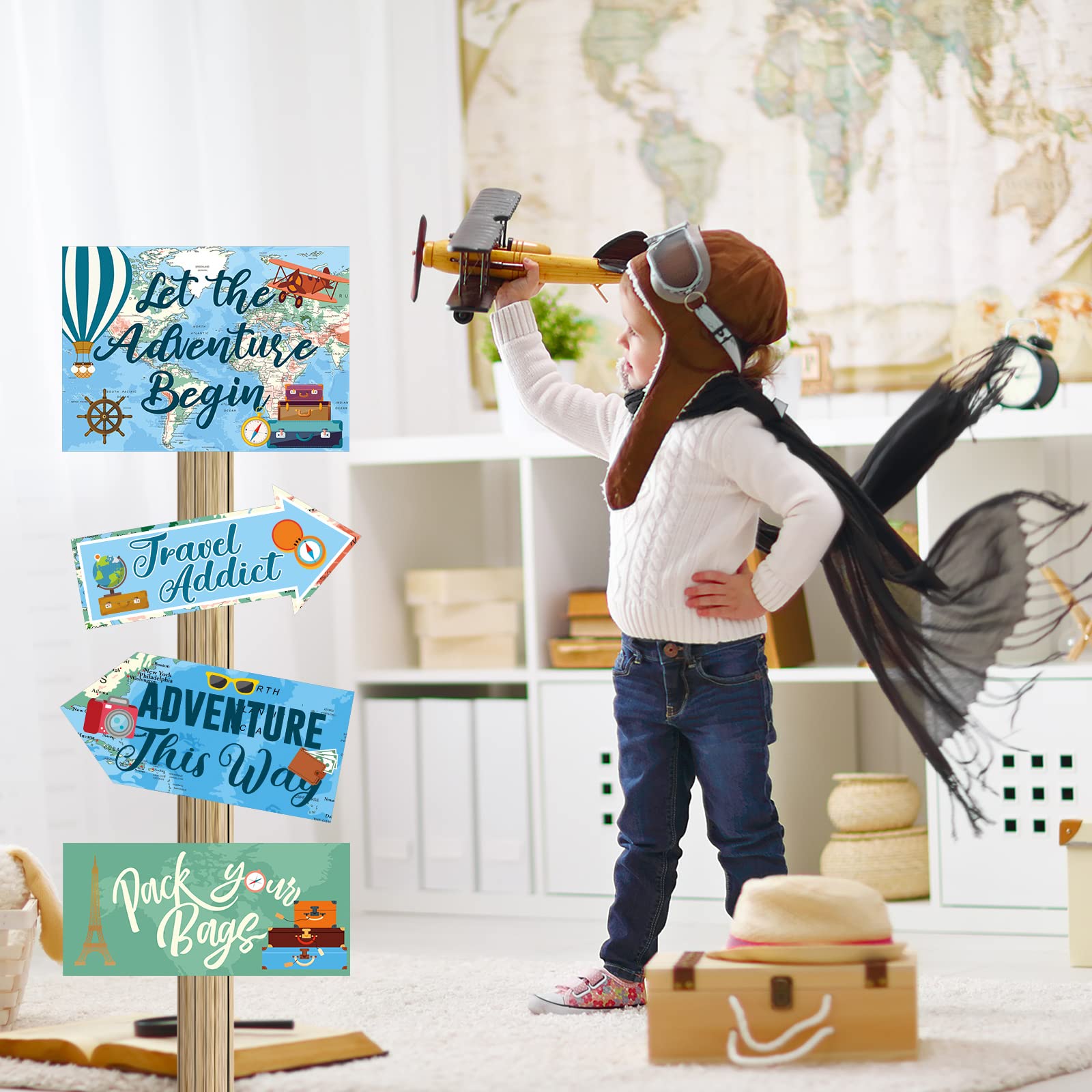 20 Pcs Travel Themed Party Decorations Set Let The Adventure Begin Sign Signs Bon Voyage for Birthday Baby Shower Decorations, 11 x 8 Inch, 5 Inch