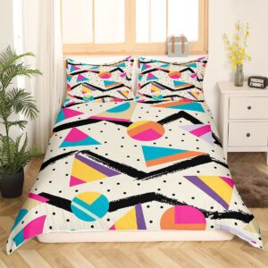 80s 90S Fashion Style Bedding Set Queen Size,Retro Memphis Style Pattern with Geometrical Shapes Duvet Cover for Kids Child,Funky Hipster Old Fashioned Comforter Cover Geometric Bedroom Decor