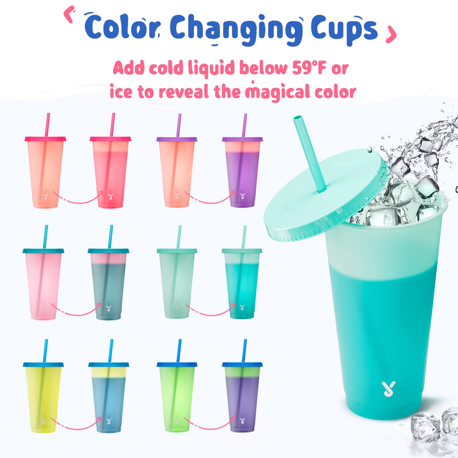 Meoky Plastic Cute Cold Cups with Lids and Straws Bulk for Iced Coffee - 6 Pack 24 oz Color Changing Reusable for Adults Kid Women Party