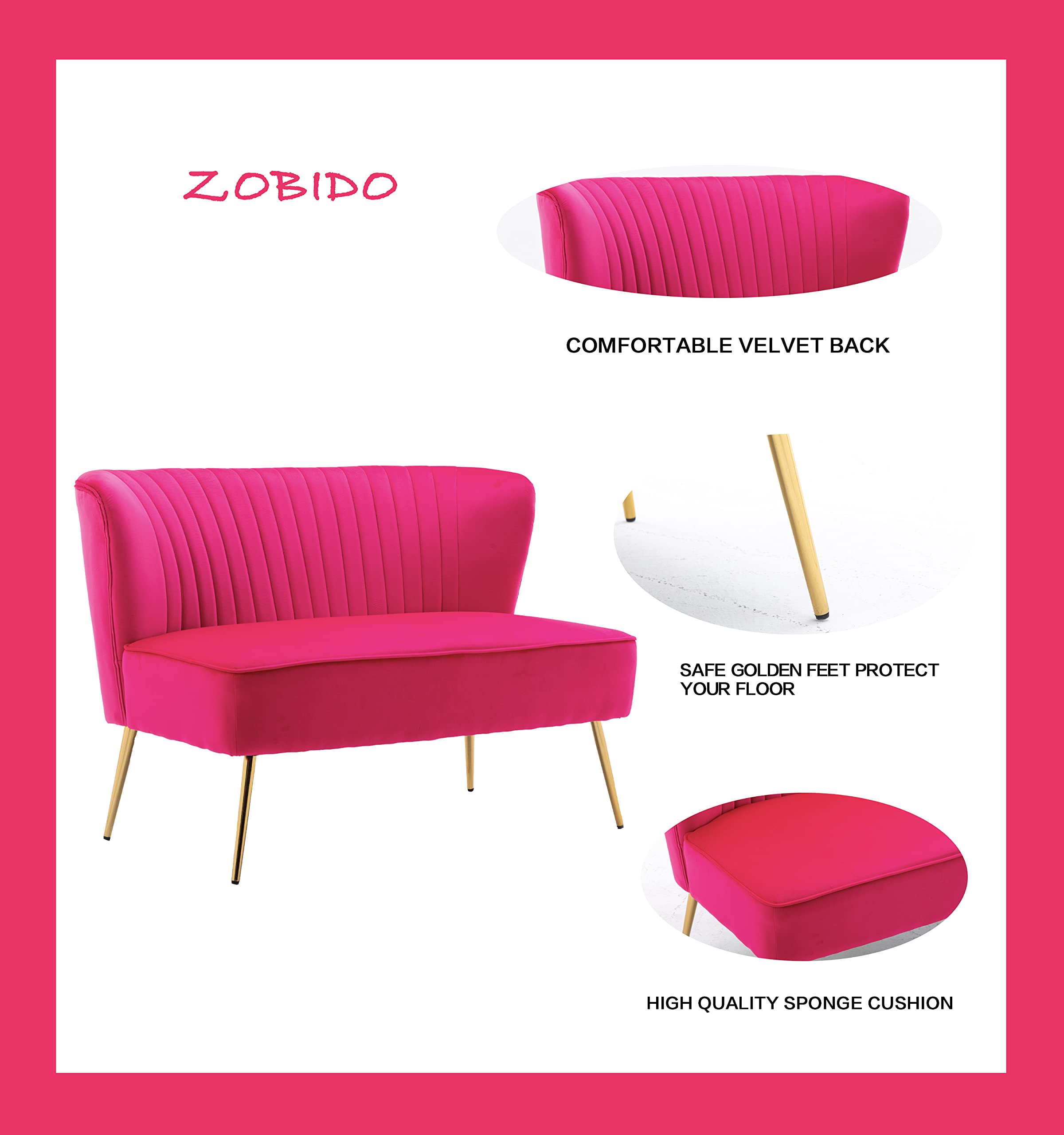 ZOBIDO Velvet Couch Modern Loveseat Sofa Twin Size Contemporary Sofas Upholstered Couch with Contemporary Velvet Upholstered Sofa Couch for Living Room and Bedroom (Rose red)