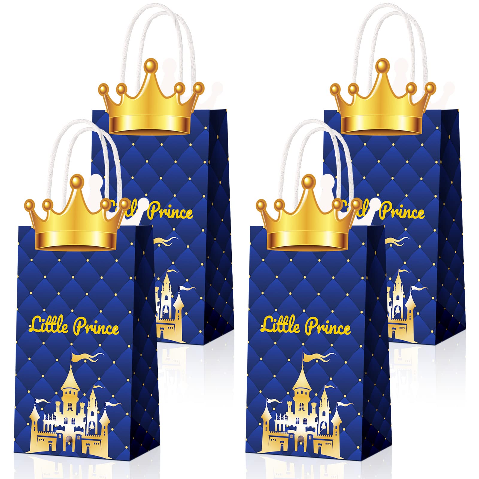 16 Pack Prince Party Favors Bags Prince Theme Charming Party Bags Glitter Crown Party Bag Treat Goody Gift Paper Kraft Wrap Bags with Handle for Prince Theme Birthday Baby Shower Party Favor Supplies