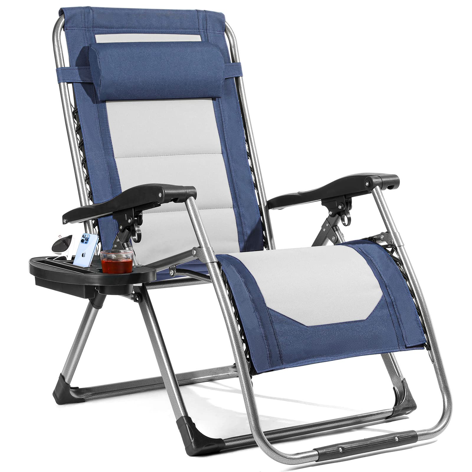 Leteuke Zero Gravity Chair, Oversized Padded Zero Gravity Recliner Lounge Chair with Removable Headrest & Tray, XL Patio Lounge Chair for Lawn, Yard, Outdoor Recliner Support 450 LBS, Gray+Blue