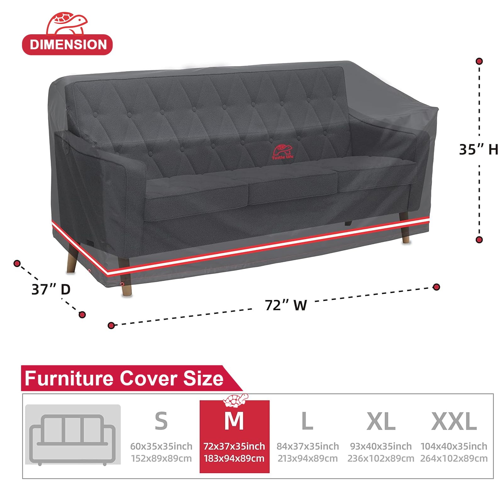 Turtle Life Patio Sofa Cover, Outdoor Heavy Duty Durable UV Water Resistant Anti-Fading Multi-Person Sofa Cover with 2 Upgrade Air Vents and 2 Buckles, Black, 72" W x 37" D x 35" H