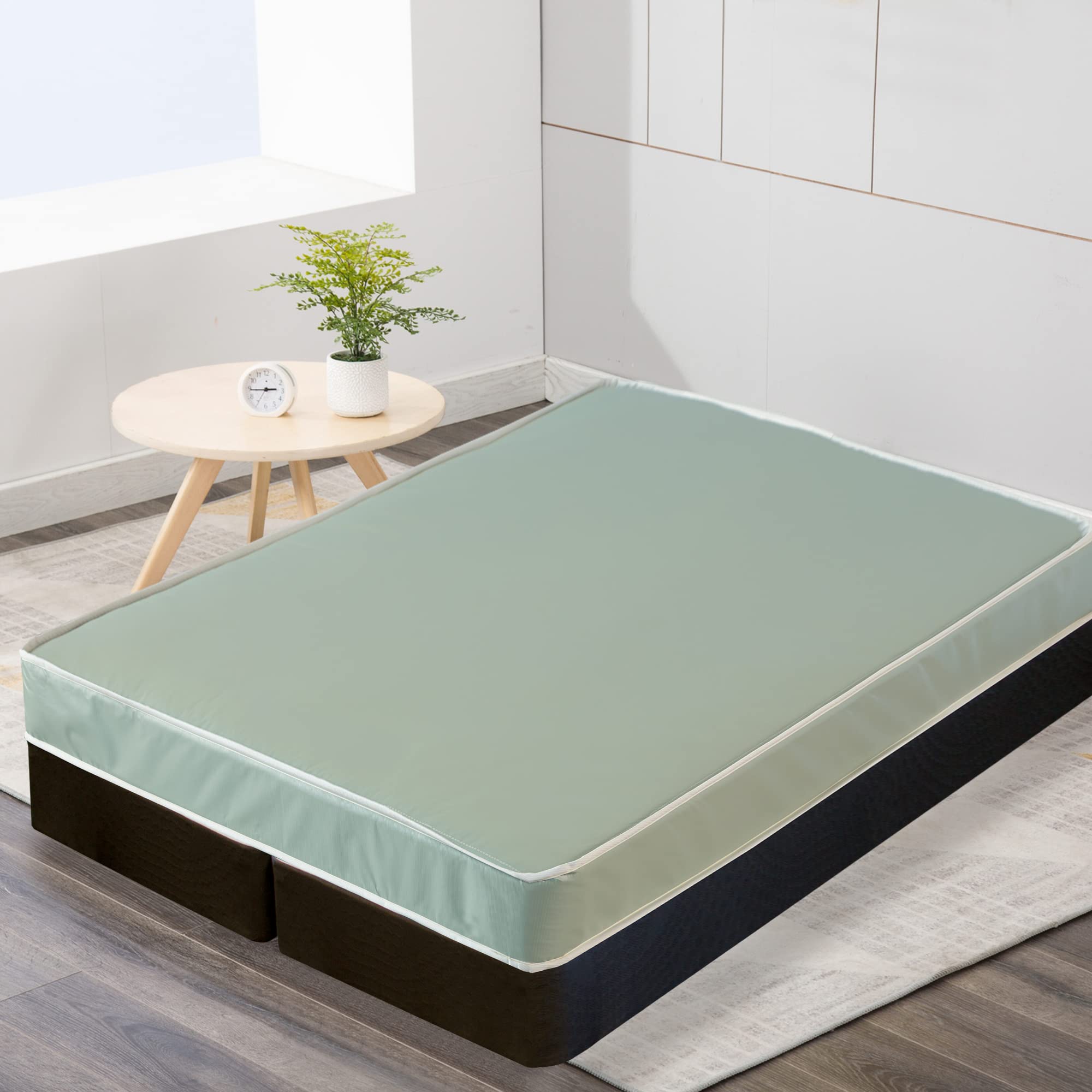 Treaton Pressure Relieving & Cooling High Density Foam Queen Mattress - 9-inch Water Proof Vinyl Medium Firm Tight Top Pocketed Coil Rolled Hybrid Mattres with 8” Wood Box Spring, Bed in Box, Green