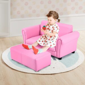 INFANS 2 Seat Children Sofa, Upholstered Couch with Footstool Sturdy Wood Construction, Armrest Couch for Preschool Children Boys Girls, Kid Couch Lounge Bed with Ottoman (Pink)