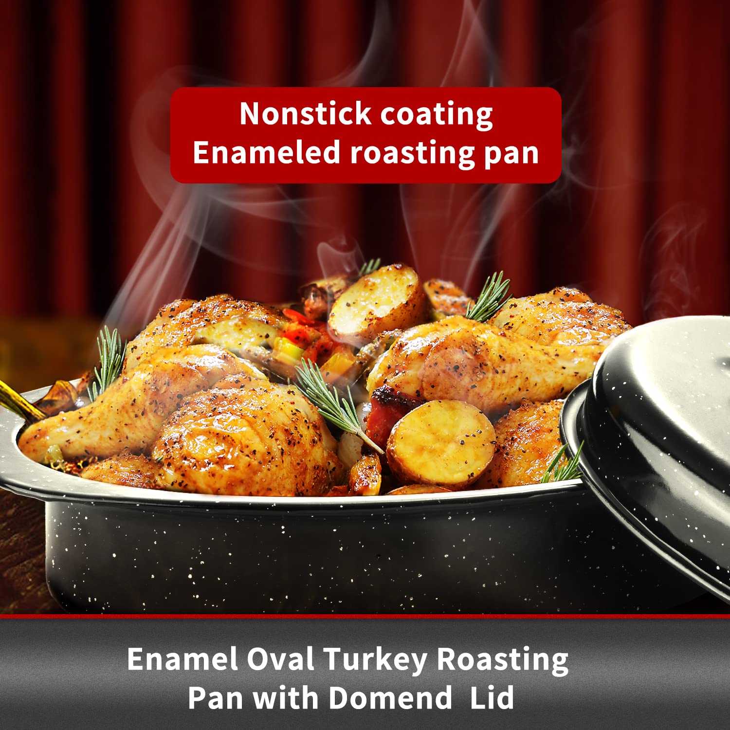 JY COOKMENT Granite Roaster Pan, Small 13” Enameled Roasting Pan with Domed Lid. Oval Turkey Roaster Pot, Broiler Pan Great for Small Chicken, Lamb. Dishwasher Safe Cookware Fit for 7Lb Bird