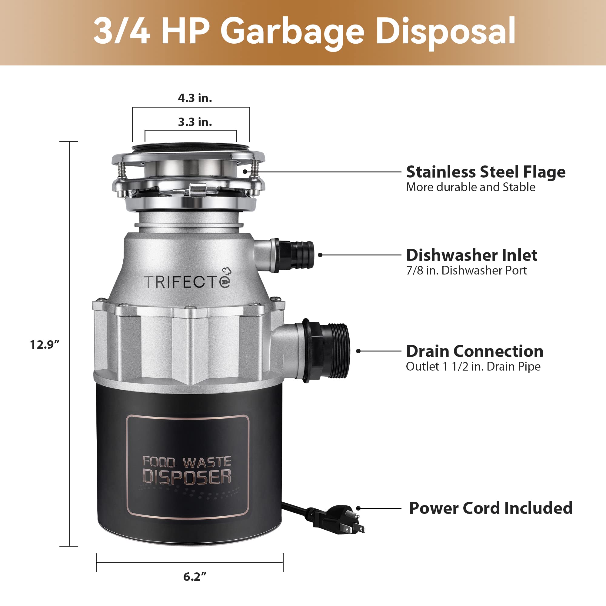 Trifecte Garbage Disposals with Power Cord, Coutinuous Feed Food Waste Disposal with Sound Reduction (EM 200)