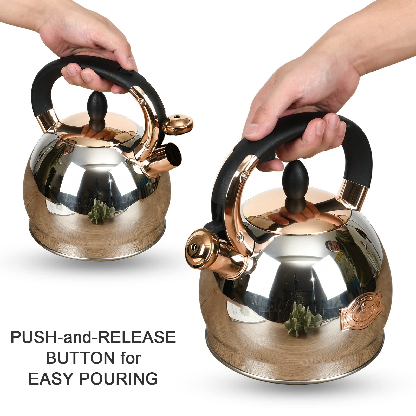 Stainless Steel Whistling Tea Kettle with Metal Capsulated Bottom for Quick Heat Distribution 2.8 Quart