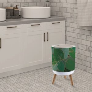 Small Trash Can with Lid Hand drawn emerald green Hosta leaves with copper outline stock 7 Liter Round Garbage Can Elasticity Press Cover Lid Wastebasket for Kitchen Bathroom Office 1.8 Gallon