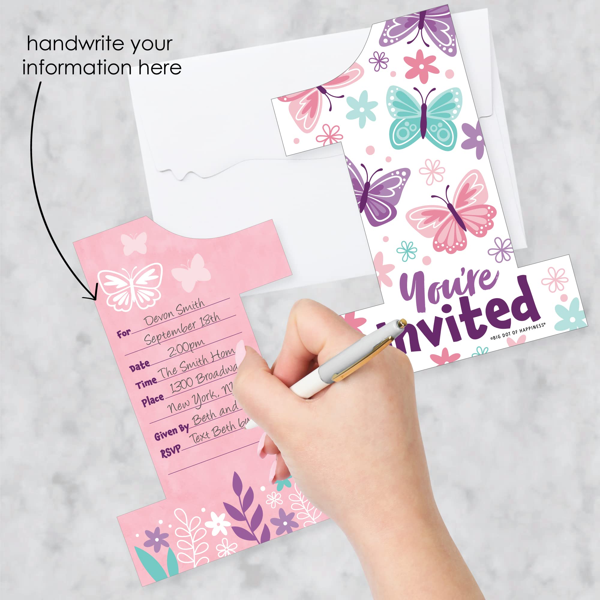 Big Dot of Happiness 1st Birthday Beautiful Butterfly - Shaped Fill-In Invitations - Floral First Birthday Party Invitation Cards with Envelopes - Set of 12