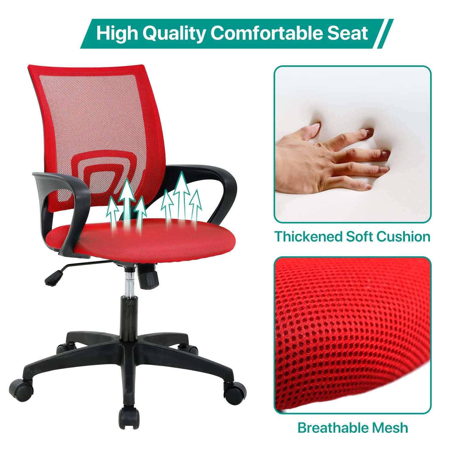 Office Chair Ergonomic Desk Chair Mesh Adjustable Computer Chair Comfortable Adjustable Height Executive Task Chair with Wheel Armrests for Adults Kids, Red