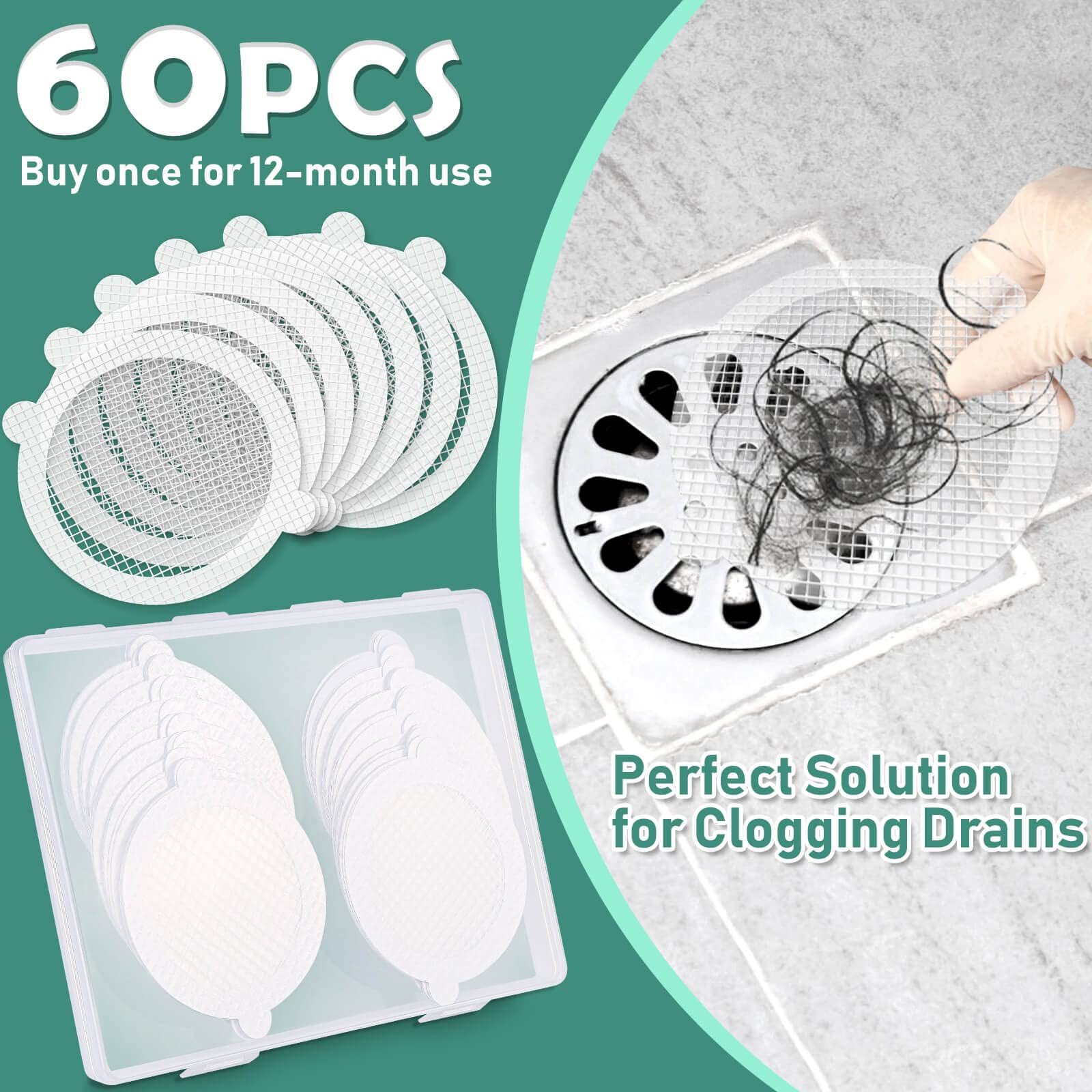 60 Pack Disposable Shower Drain Hair Catcher - Mckanti 3.54 Inch Disposable Hair Catchers Mesh Sticker Strainers for Shower Drain Bathroom Bathtub Kitchen Sink Washbasin Floor Drain Balcony Drain Hole