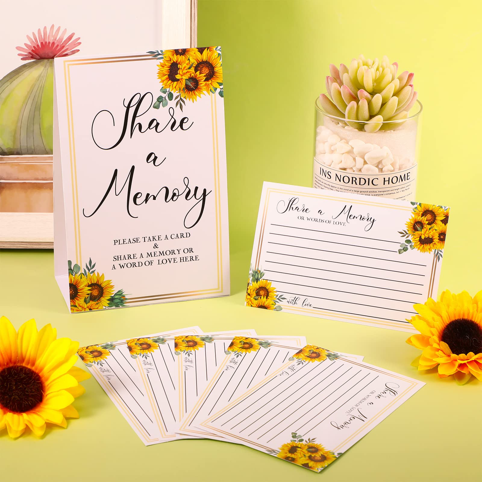 50 Pcs Sunflower Share a Memory Cards Sunflower in Memory Cards Sign Place Cards Seating Place Cards for Celebration of Life Decorations Wedding Funeral Bridal Shower Birthday Anniversary(Black Font)