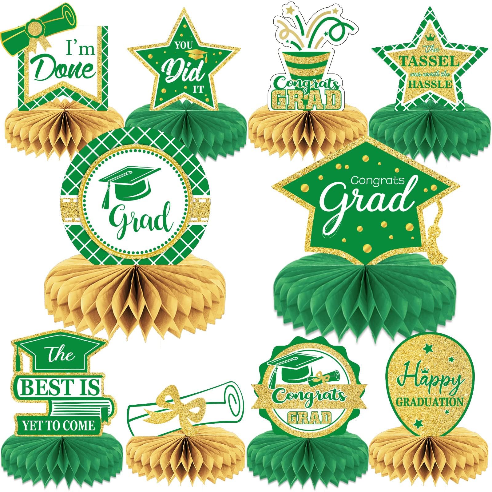 10PCS Class of 2024 Graduation Party Decorations 2024 Congrats Grad Honeycomb Centerpieces Congratulate Graduation Table Toppers for Graduation Party Favor Supplies(Green)