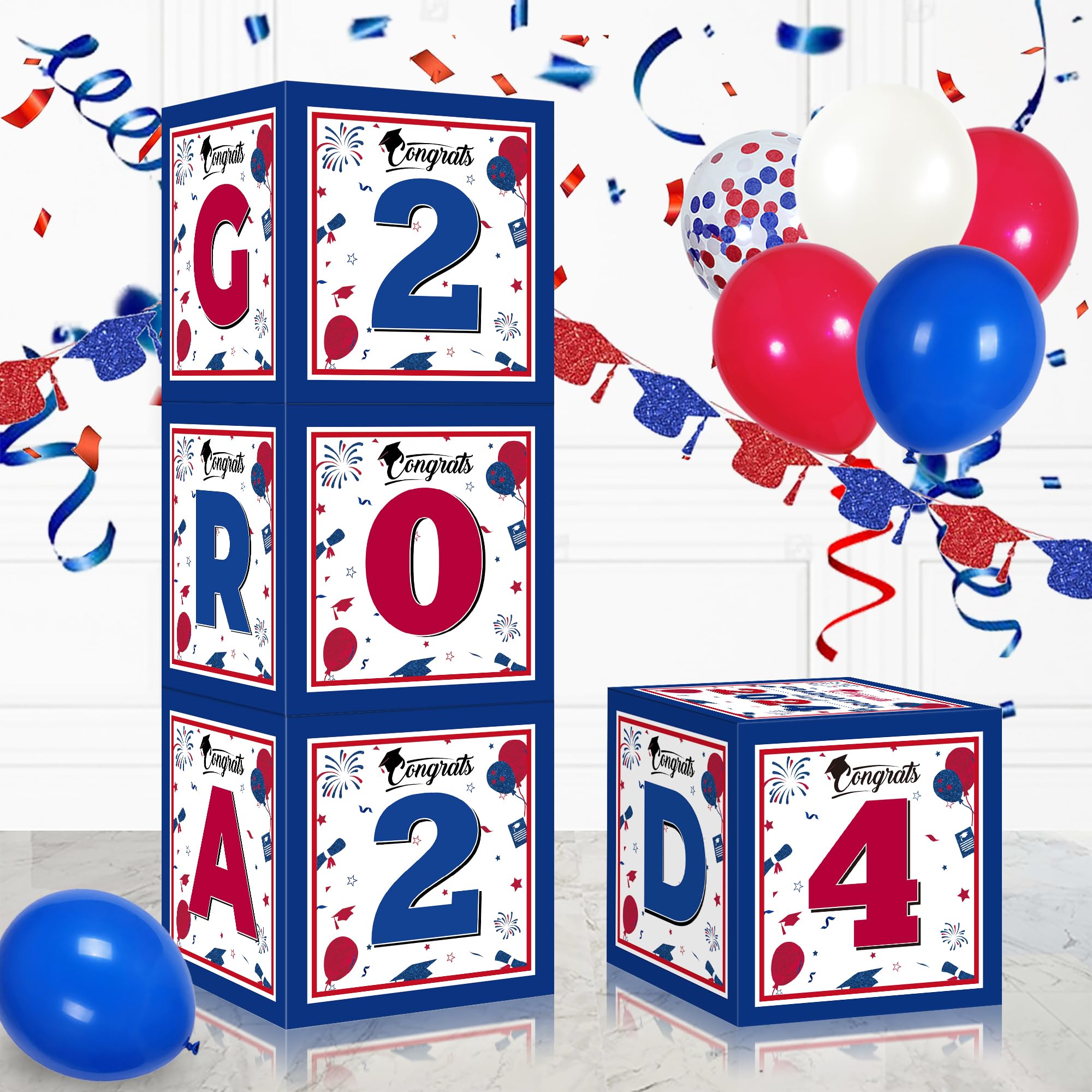 Graduation Decorations Class of 2024, 4 Pcs Red and Blue Graduation Balloon Boxes, 2024 Graduation Decorations, High School and College Graduation Party Decorations Supplies