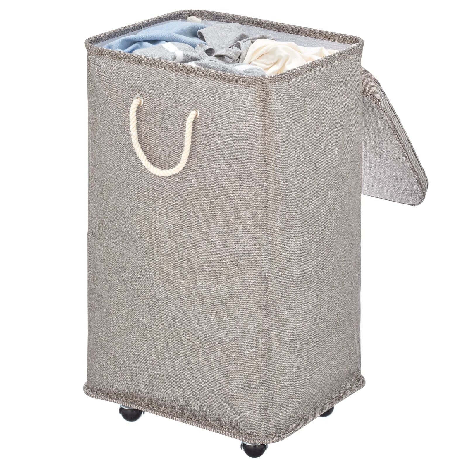 mDesign Large Polyester Rolling Laundry Hamper with Wheels, Removable Lid, and Rope Carrying Handles - Collapsible Hampers with Wheels for Compact Storage - Tall Single Compartment Basket - Taupe