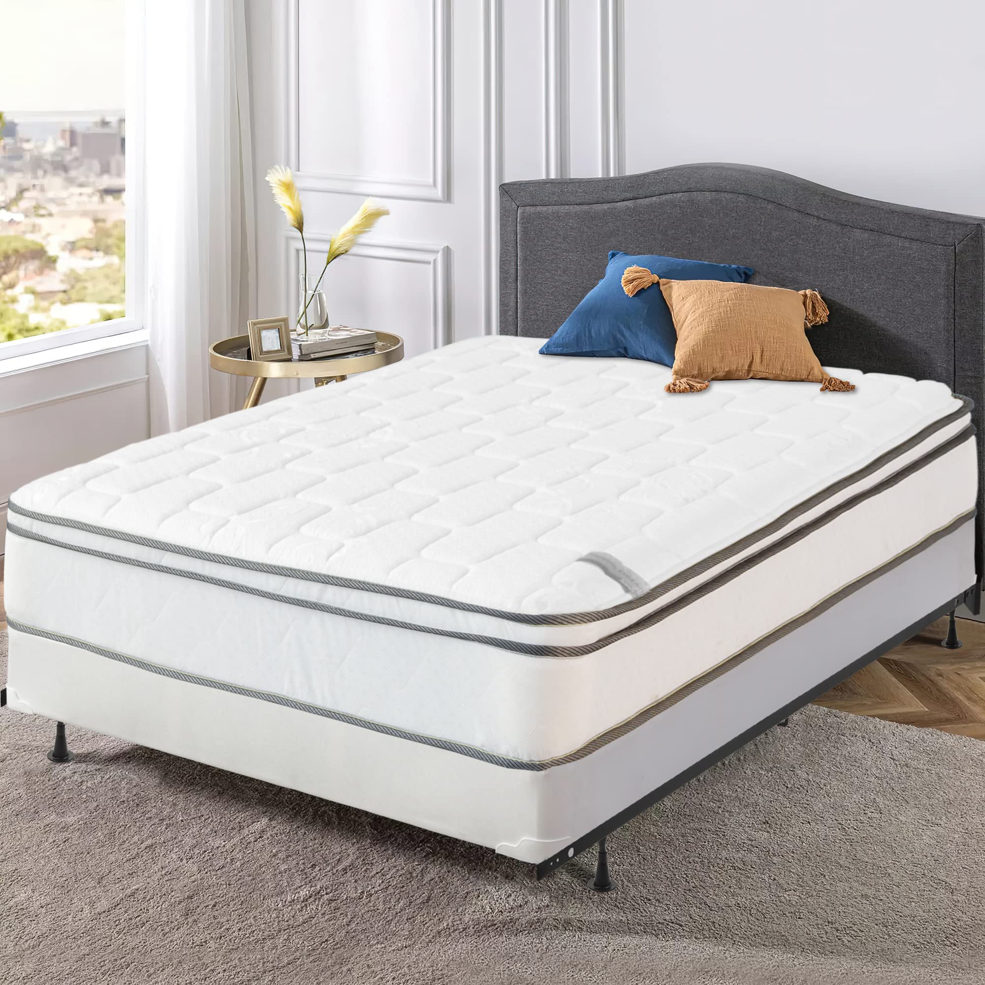 Mattress Comfort, 10-Inch Meduim Plush Eurotop Pillowtop Innerspring Mattress & 8" Wood Box Spring Set with Frame, Twin