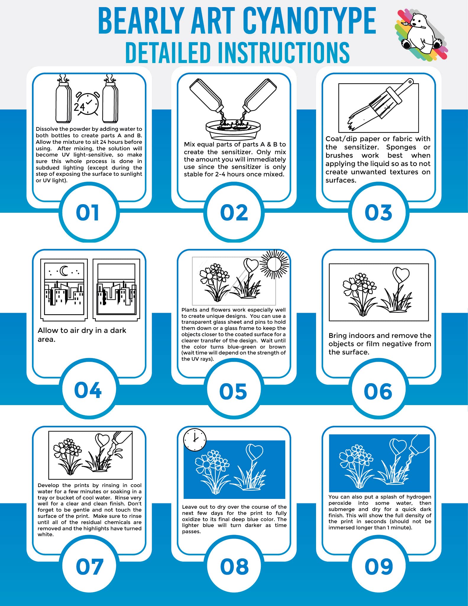 Bearly Art Cyanotype Kit - Sun - Solar Print Set for Photographic Printing on Paper and Fabric - 2 Part Sensitizer - Archival - Creates 32 8"x10" Prints on Paper and 25 on Fabric