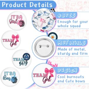 48 Pieces Burnouts or Bows Gender Reveal Buttons Pins Team Boy Team Girl Button Pins Burnouts Gender Reveal Decorations in Pink and Blue for Baby Shower Gender Reveal Party Game Supplies 1.73 Inch