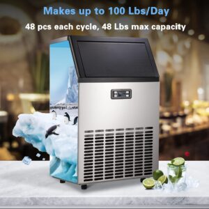 Electactic Ice Maker, Commercial Ice Machine,100Lbs/Day, Stainless Steel Ice Machine with 48 Lbs Capacity, Ideal for Restaurant, Bars, Home and Offices, Includes Scoop Silver