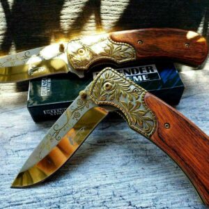 masterdish Gold WOOD HANDLE Pocket Knife Rainbow Gold Blade 3cr13 Steel Overall Length 8.5inch cvrt-1-4