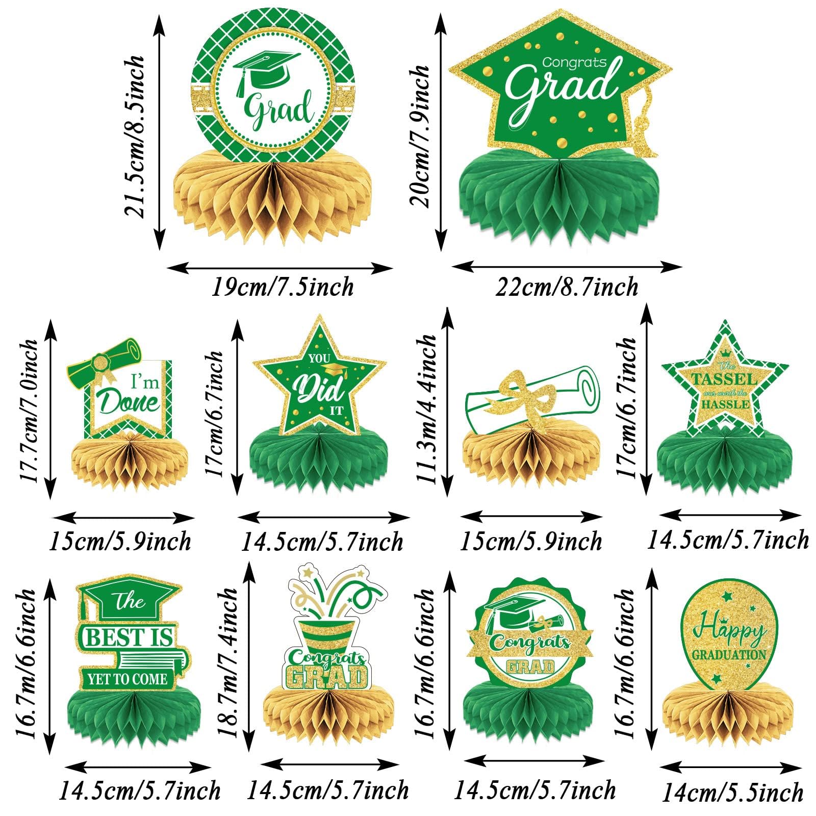 10PCS Class of 2024 Graduation Party Decorations 2024 Congrats Grad Honeycomb Centerpieces Congratulate Graduation Table Toppers for Graduation Party Favor Supplies(Green)