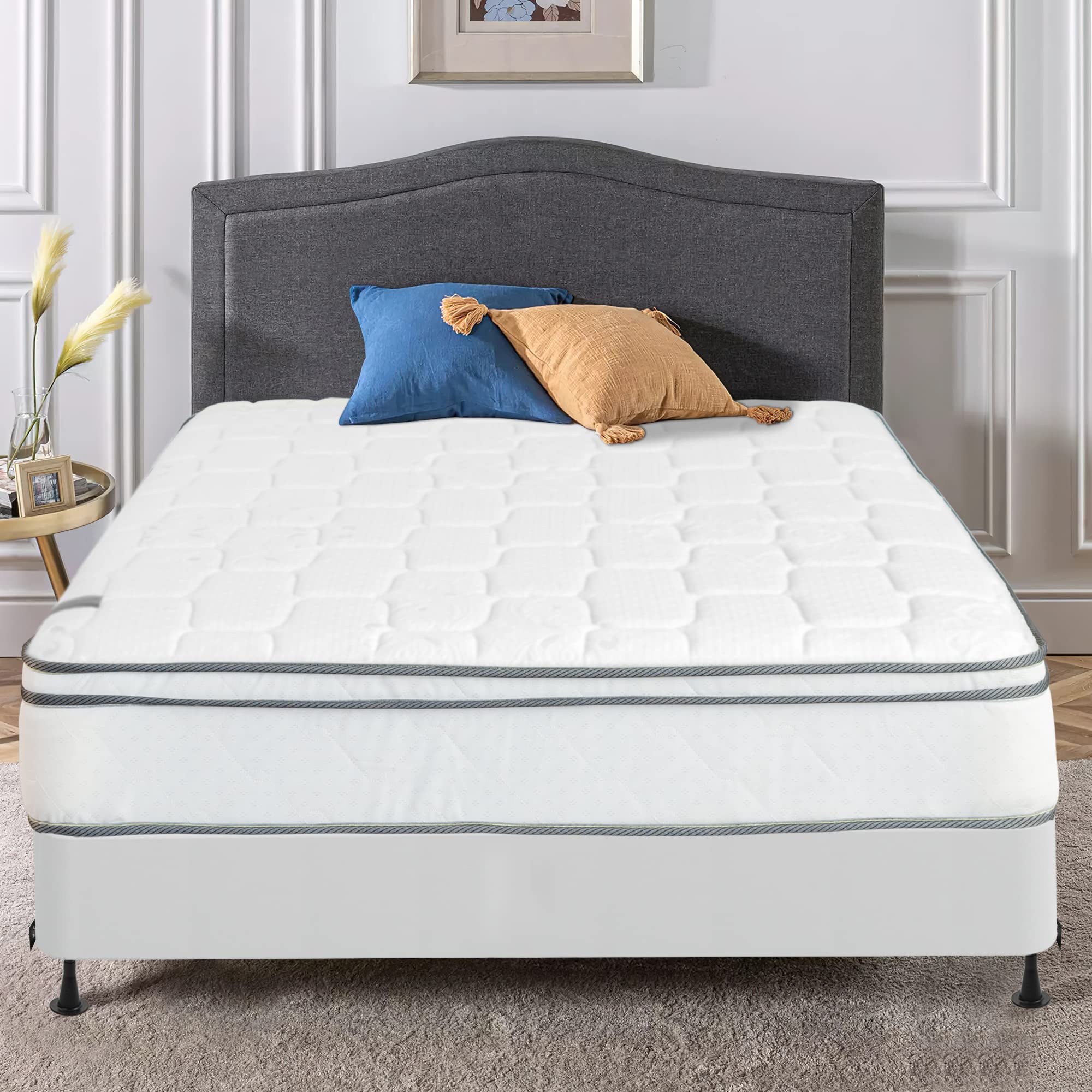 Mattress Comfort, 10-Inch Meduim Plush Eurotop Pillowtop Innerspring Mattress & 8" Wood Box Spring Set with Frame, Twin