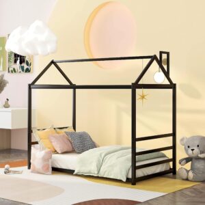 CITYLIGHT House Bed Twin Bed for Kids, Metal Floor Bed Frame with Roof, Montessori Bed for Toddlers, Kids, Girls & Boys (Twin, Black)