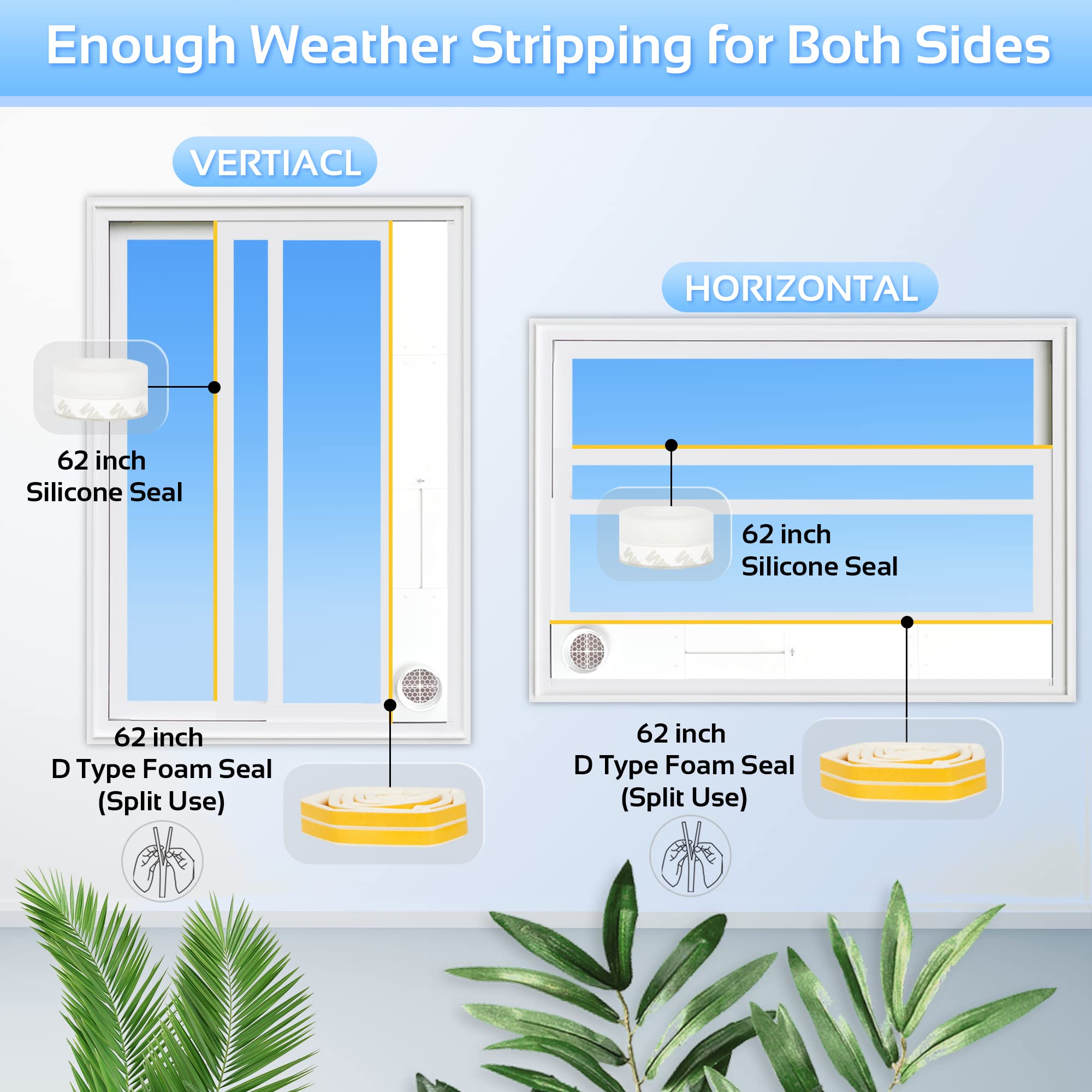 Garfine Portable AC Window Seal Kit Compatible with 5.9 inch Hose, Max Length 61.4”, Window Vent Kit with Vent Screen, 2 Types of Weather Stripping and Window Lock for Window & Patio Sliding Door