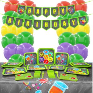 blue orchards science party deluxe party supplies pack (143 pieces for 16 guests) - science party decorations, chemistry party, mad scientist birthday, plates and napkins, science party favors