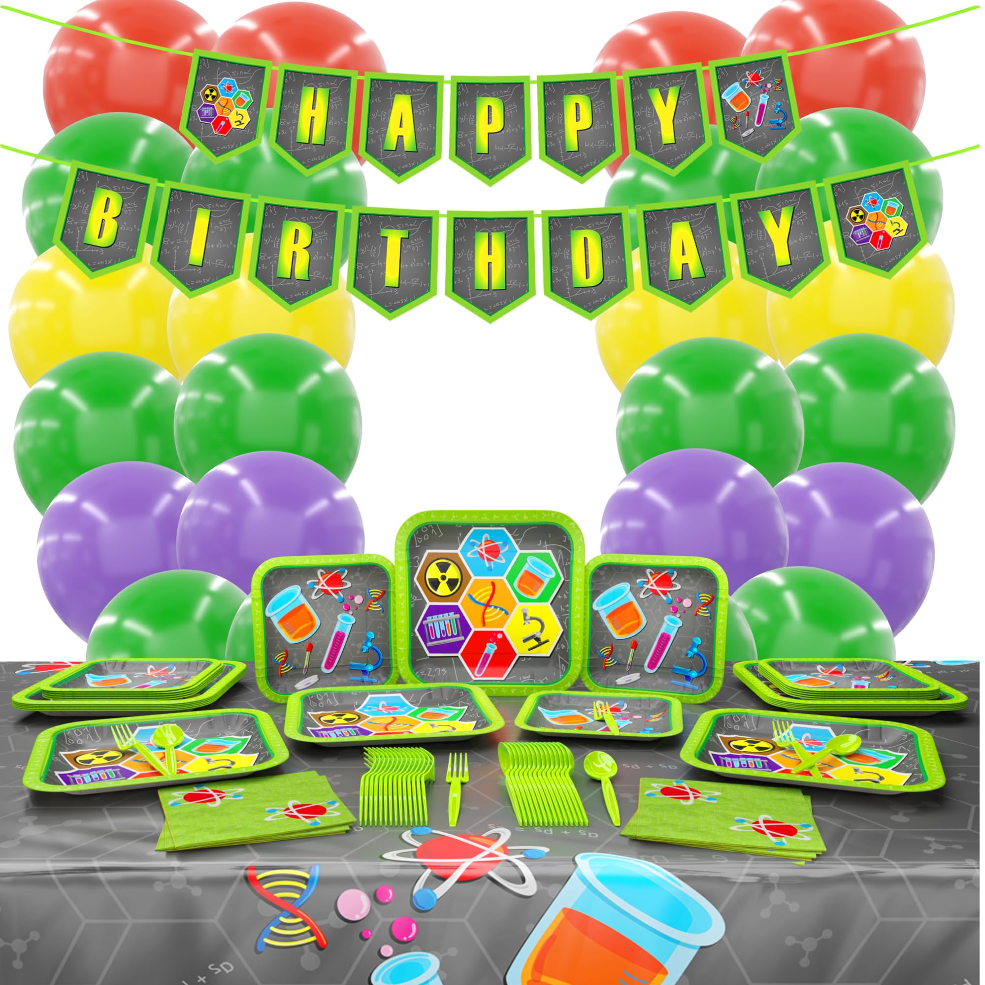 Blue Orchards Science Party Deluxe Party Supplies Pack (143 Pieces for 16 Guests) - Science Party Decorations, Chemistry Party, Mad Scientist Birthday, Plates and Napkins, Science Party Favors