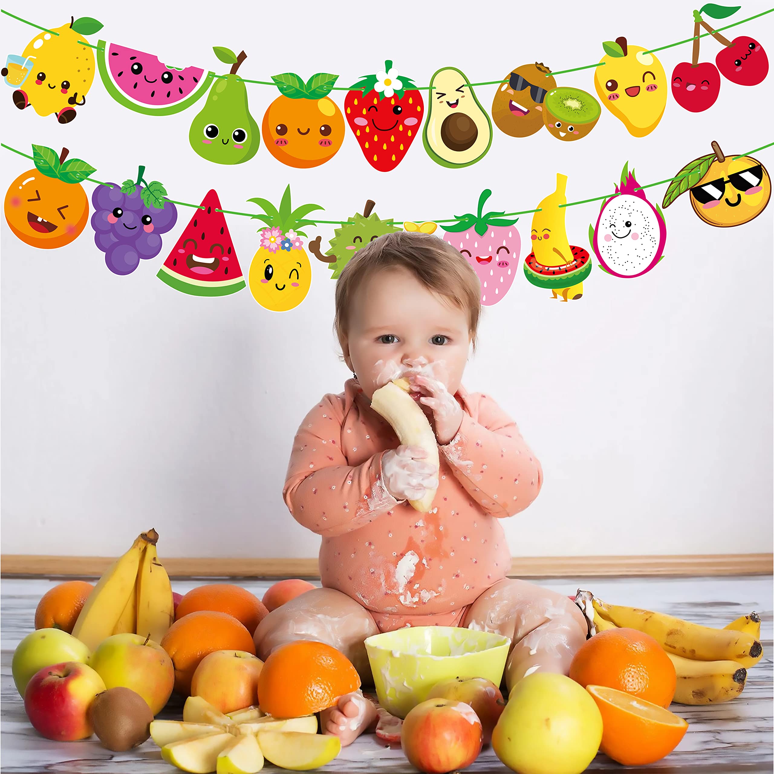 Fruit Theme Birthday Party Decorations Twotti Frutti Party Banner Cute Fruit with Smiling Face Patterns Garland for Summer Fruit Birthday Party Baby Shower Supplies