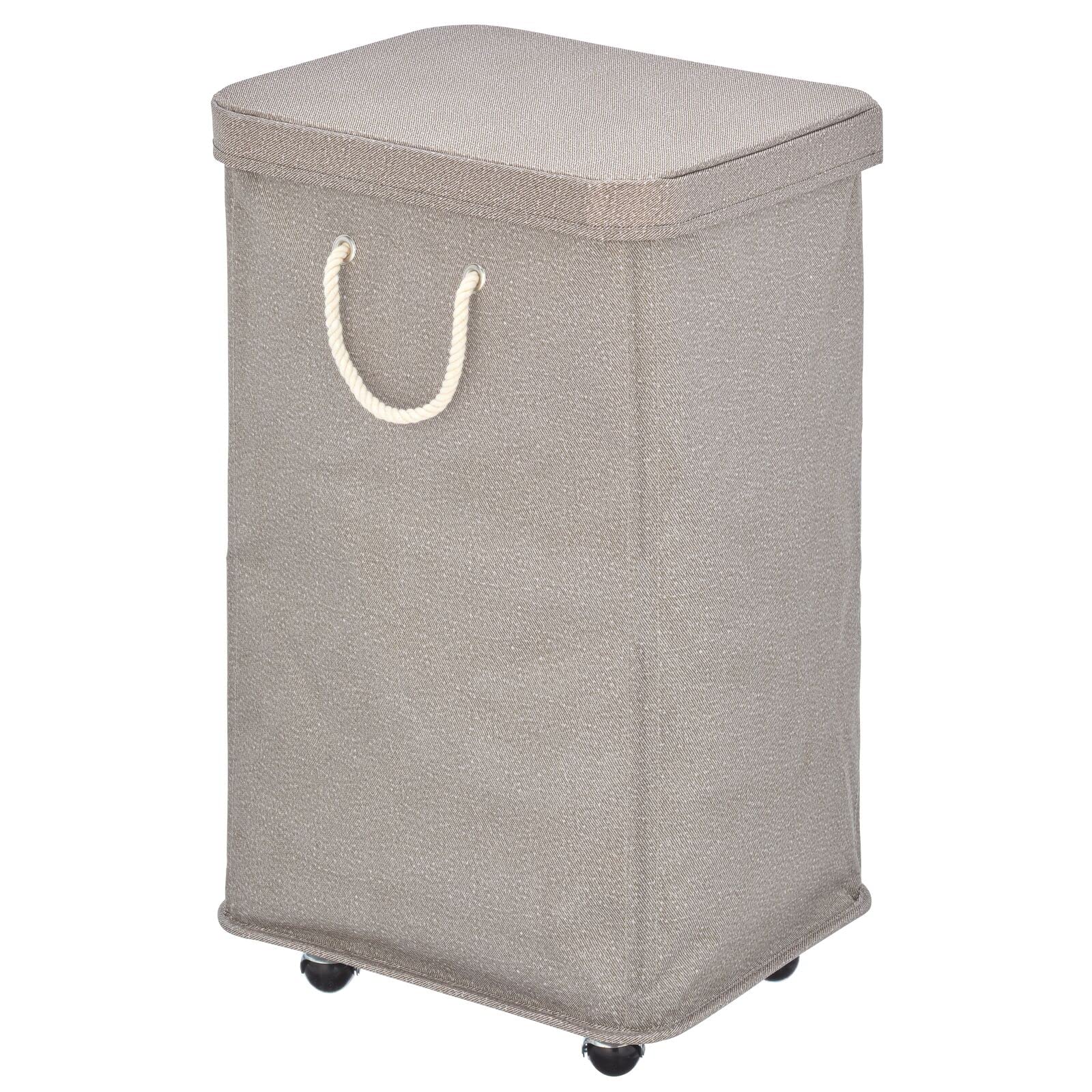 mDesign Large Polyester Rolling Laundry Hamper with Wheels, Removable Lid, and Rope Carrying Handles - Collapsible Hampers with Wheels for Compact Storage - Tall Single Compartment Basket - Taupe