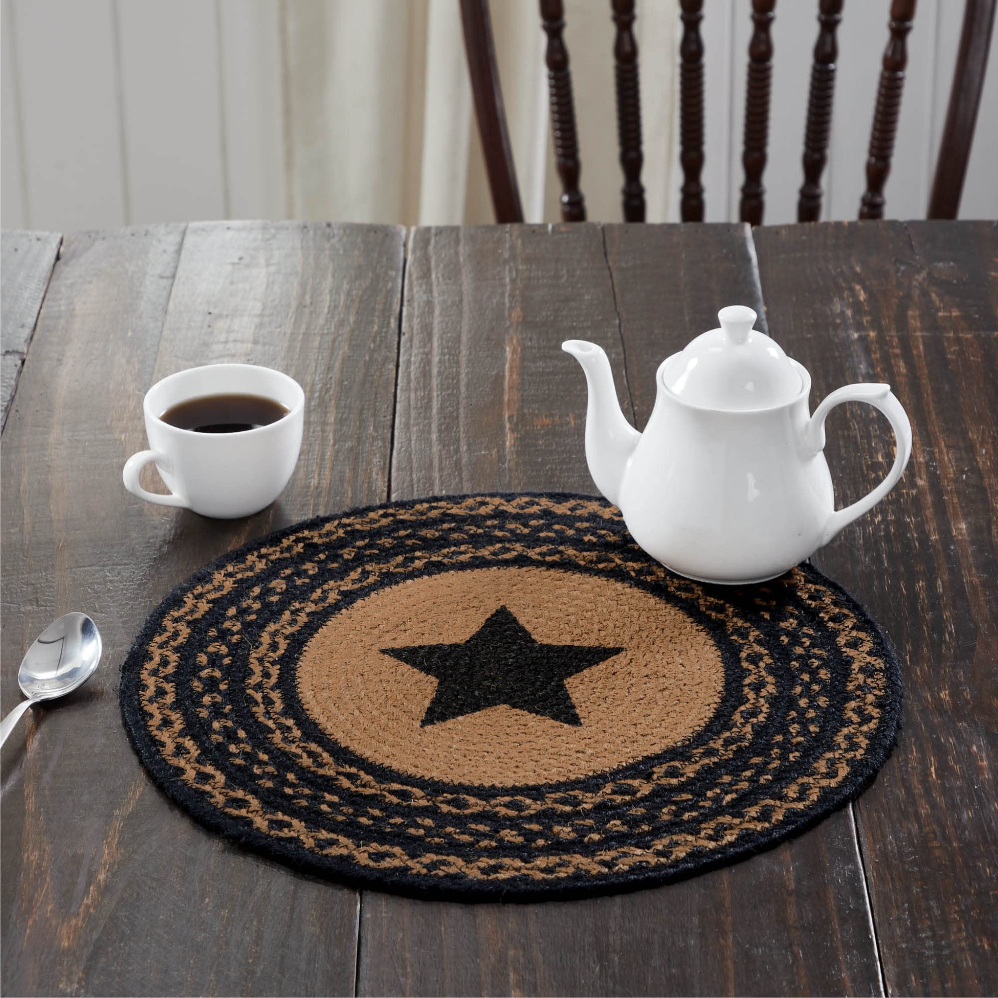 VHC Brands Farmhouse Star Table Mat- Pot Holder- Woven Jute Trivet 15" Round